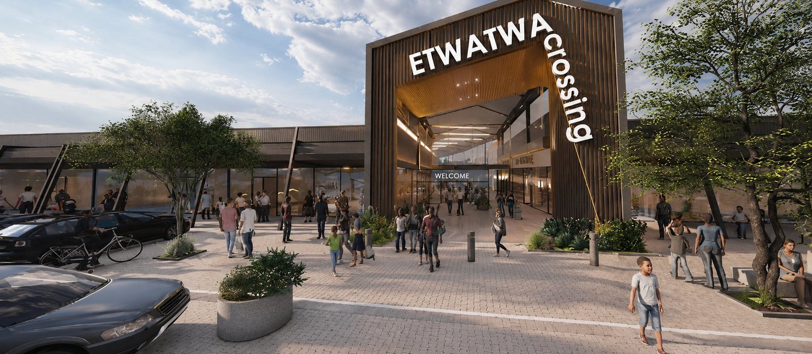 Etwatwa Crossing mall entrance render showing the timber facade and Welcome arch